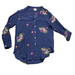 Fig & Flower Navy Blouse (see measurements) Embroidered Flowers Roll Tab Sleeves